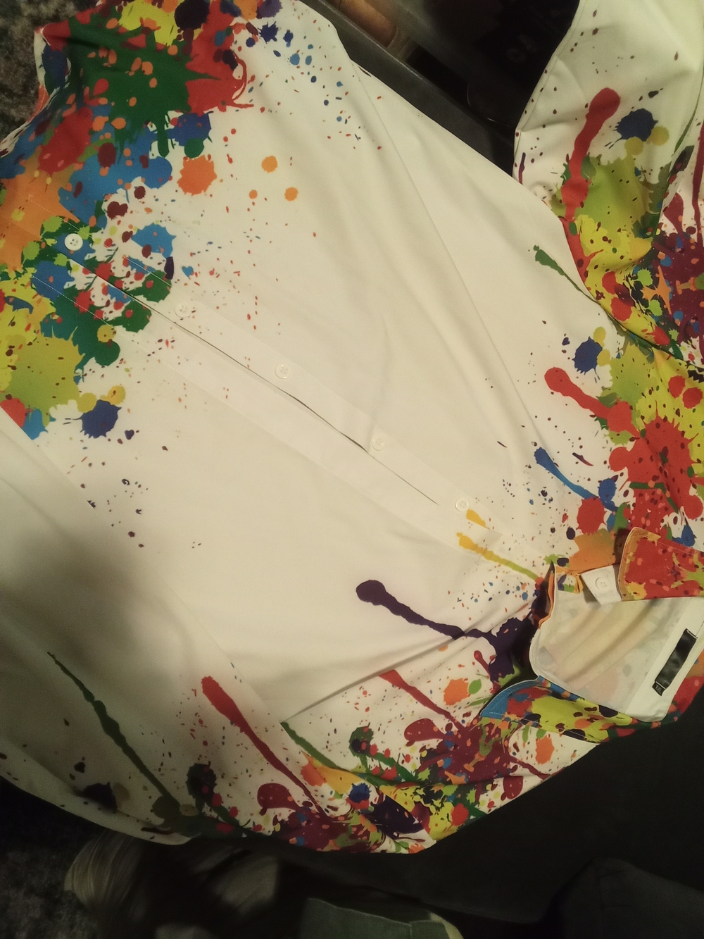 White Button-Up Shirt with Multicolor Paint Splatter